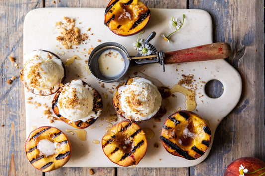 Grilled Peaches with Lactose-Free Vanilla Ice Cream and Honey Drizzle