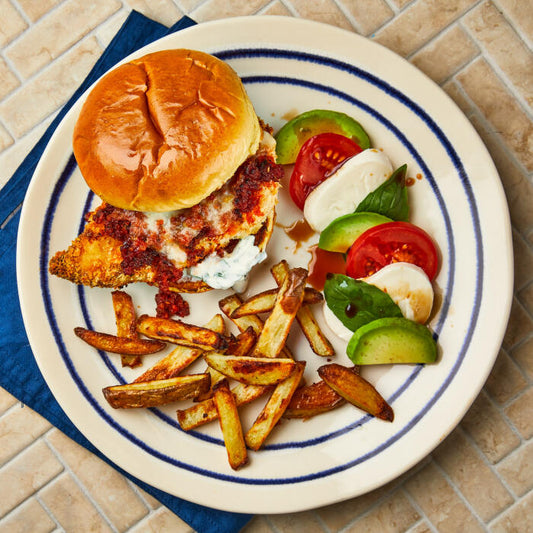 Chicken & 'Nduja Parmigiana Burger With Caprese Salad