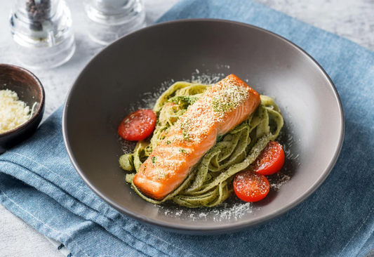 Lactose-Free Cream Cheese Pesto Pasta with Salmon